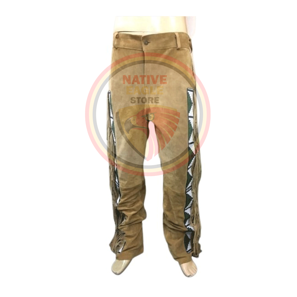 Native Men's Tan Buckskin Suede Leather Fringe Beaded Pants Powwow Pants NLP153