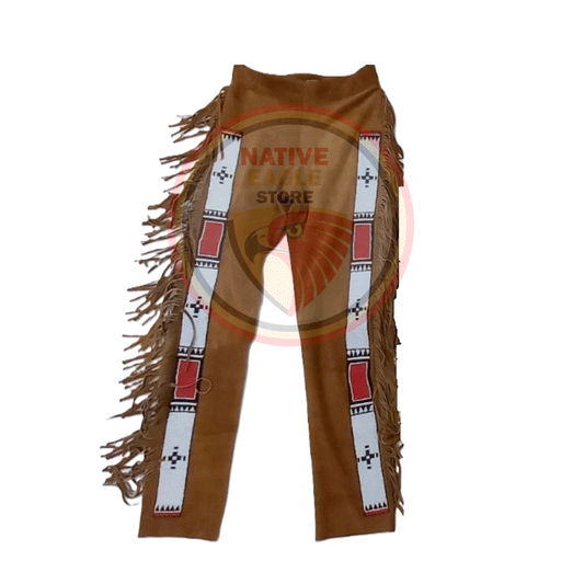 Native Men's Brown Buckskin Suede Leather Fringe Beaded Pants Powwow Pants NFP226