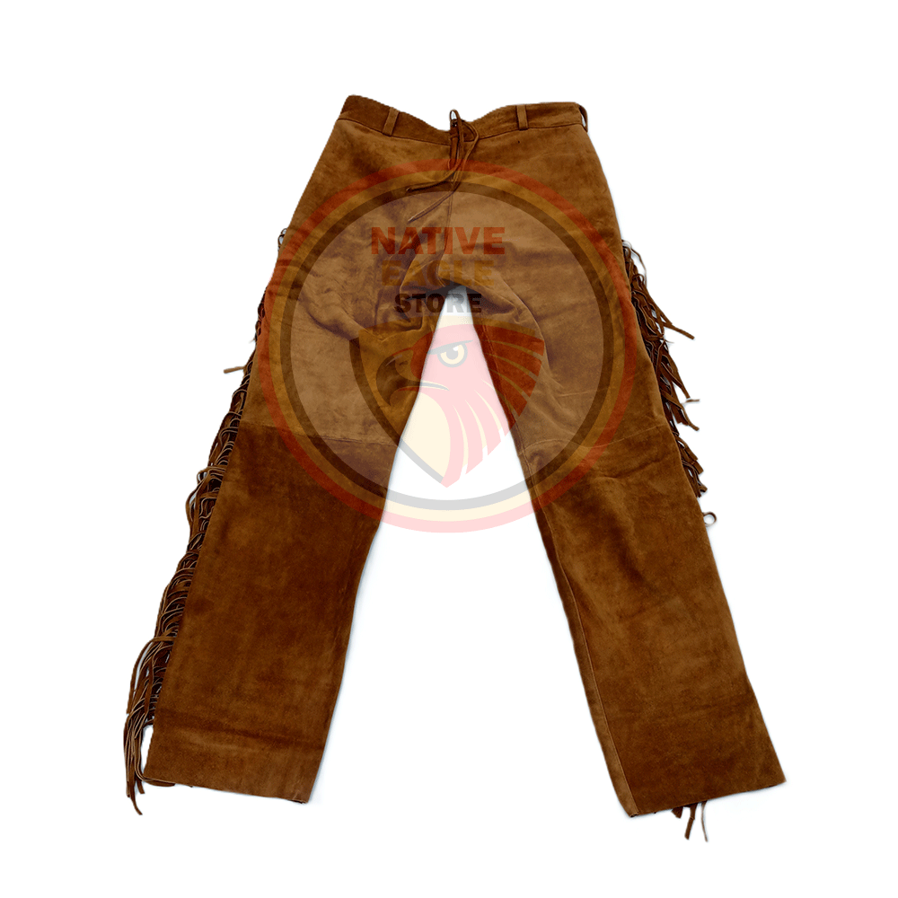 Native Men's Brown Buckskin Suede Leather Fringe Beaded Pants Powwow Pants NFP226