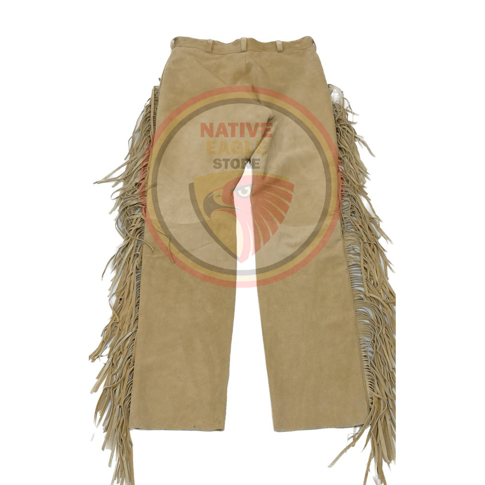 Native Men's Tan Buckskin Suede Leather Fringe Beaded Pants Powwow Pants NLP139