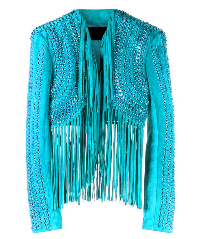 Brown Leather Long Fringe Silver Chains Crop Jacket For Women WWJ913