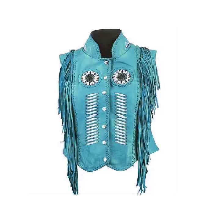 Turquoise leather vest with fringe and decorative buttons on a white background