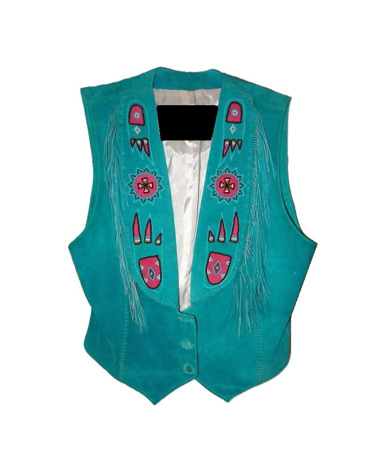 Black Suede Leather Fringe Paw Beaded Vest For Cowgirls CGV428