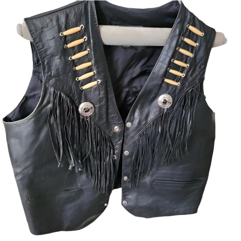 Cowgirl's Western Black Leather Fringe Bone Work Vest CGV439