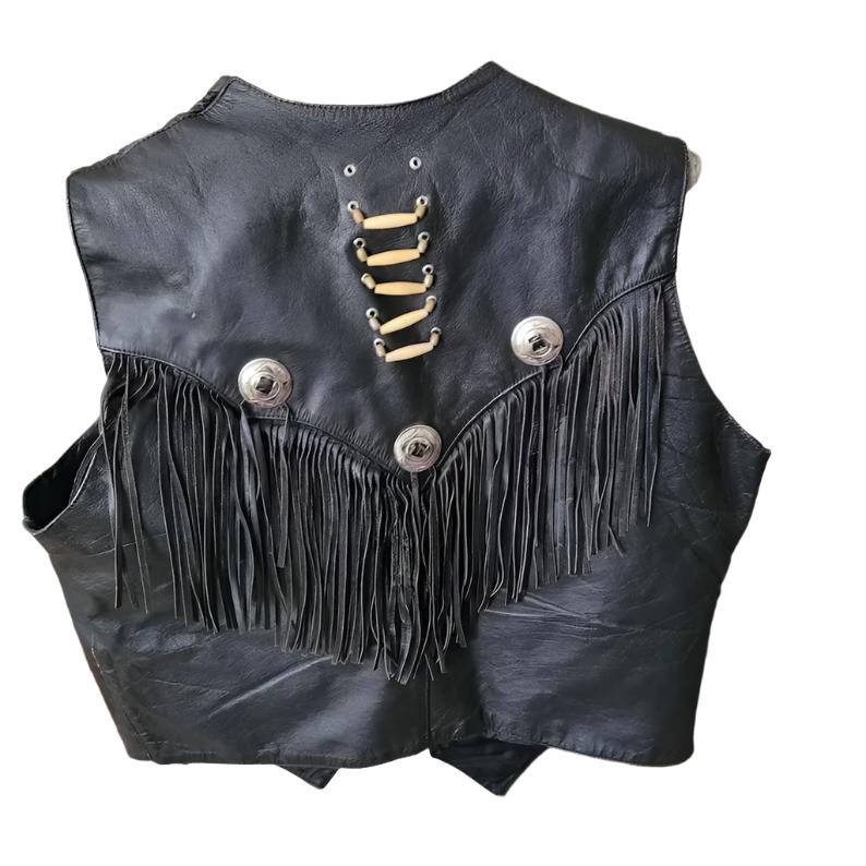 Cowgirl's Western Black Leather Fringe Bone Work Vest CGV439