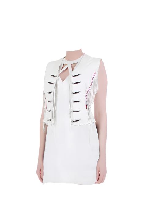 A white leather fringe vest with bone work on the front and sides, displayed on a mannequin.