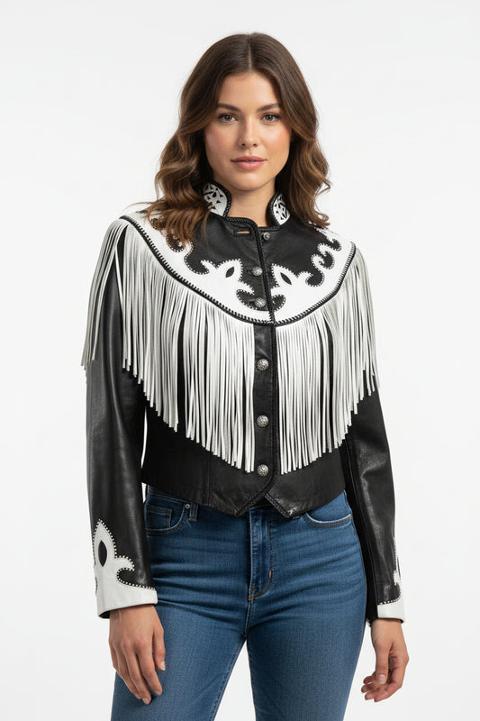 A black leather biker jacket for women, decorated with white leather fringes and button closures.