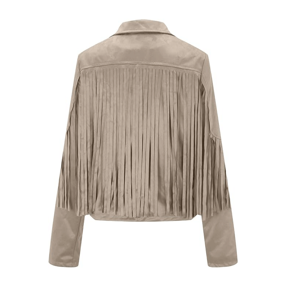 Beige Leather Long Fringes Jacket For Women WWJ576