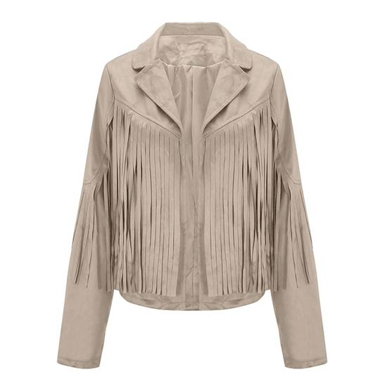 Beige Leather Long Fringes Jacket For Women WWJ576