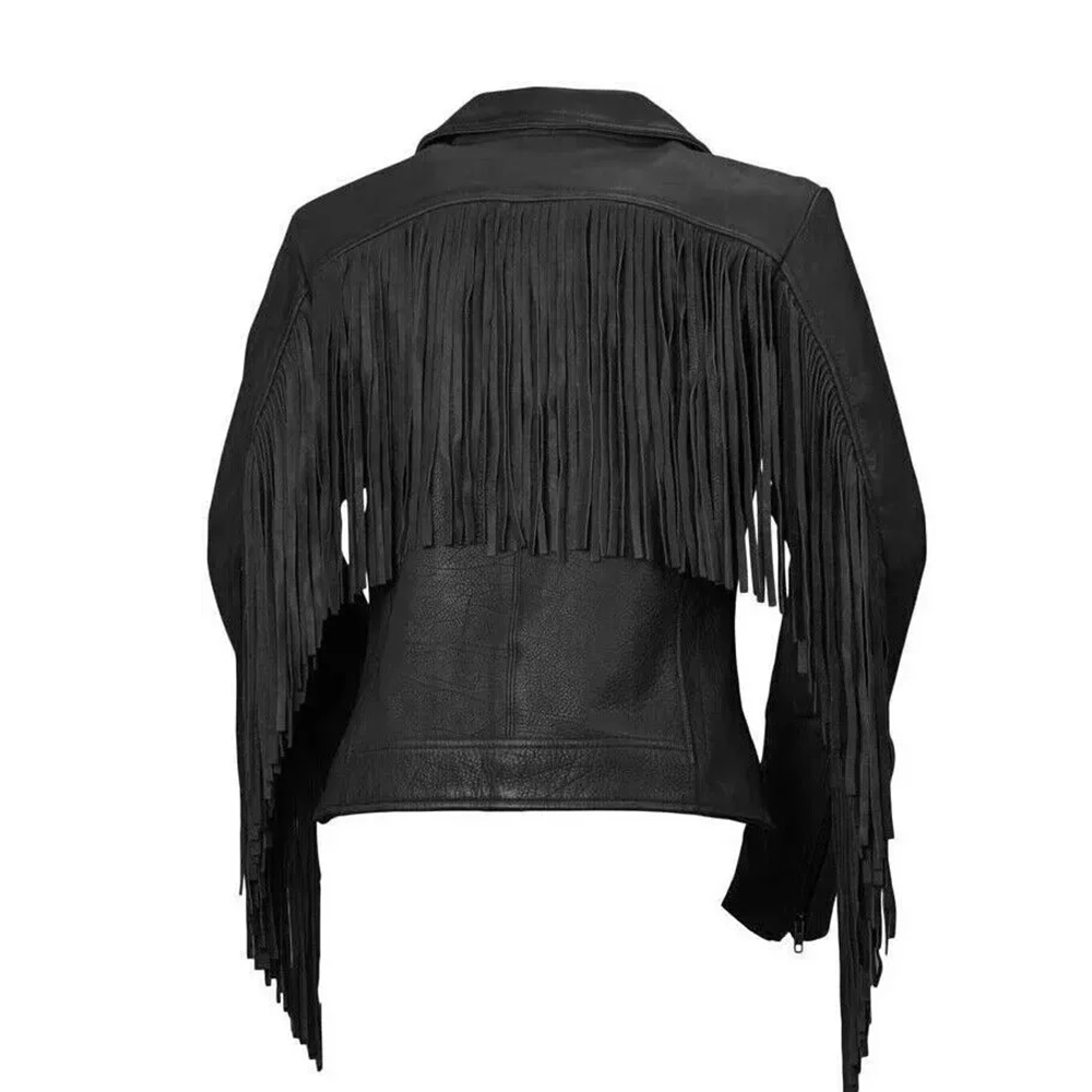 Black Leather Fringe Biker Jacket For Women WWJ575