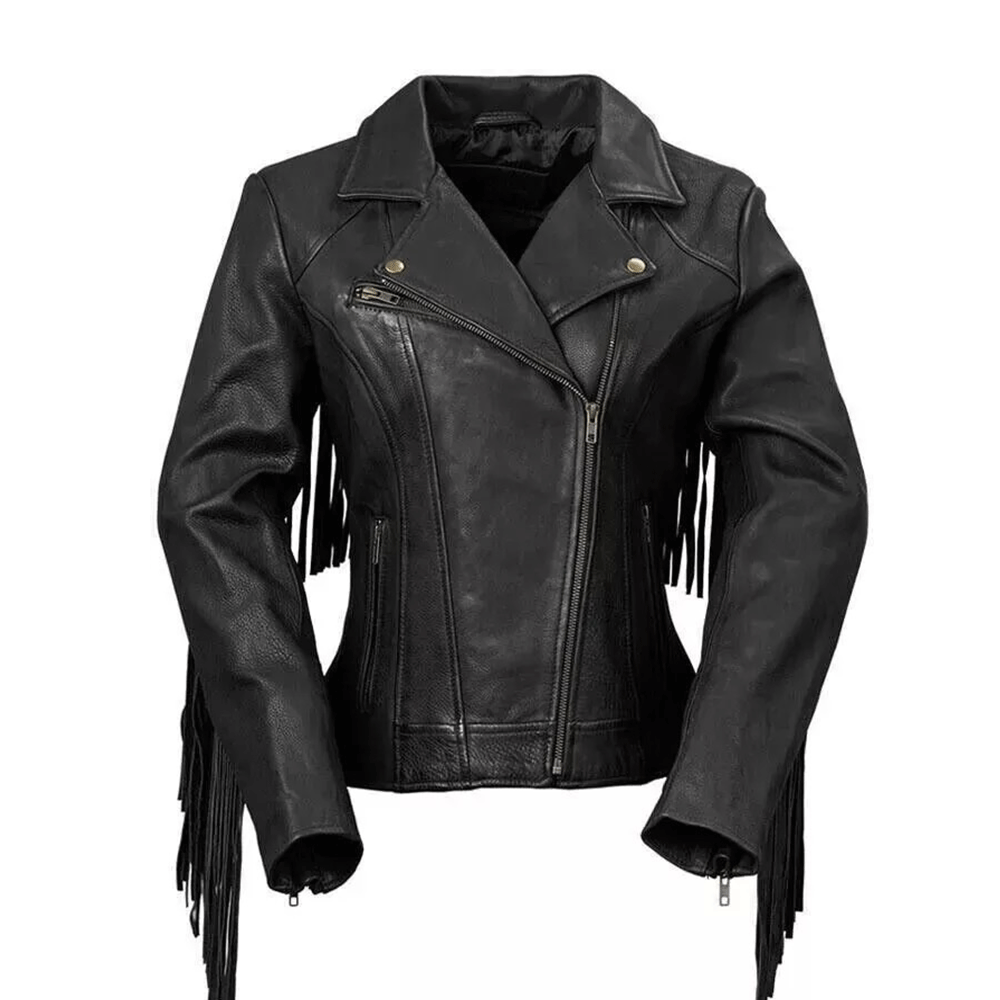 Black Leather Fringe Biker Jacket For Women WWJ575