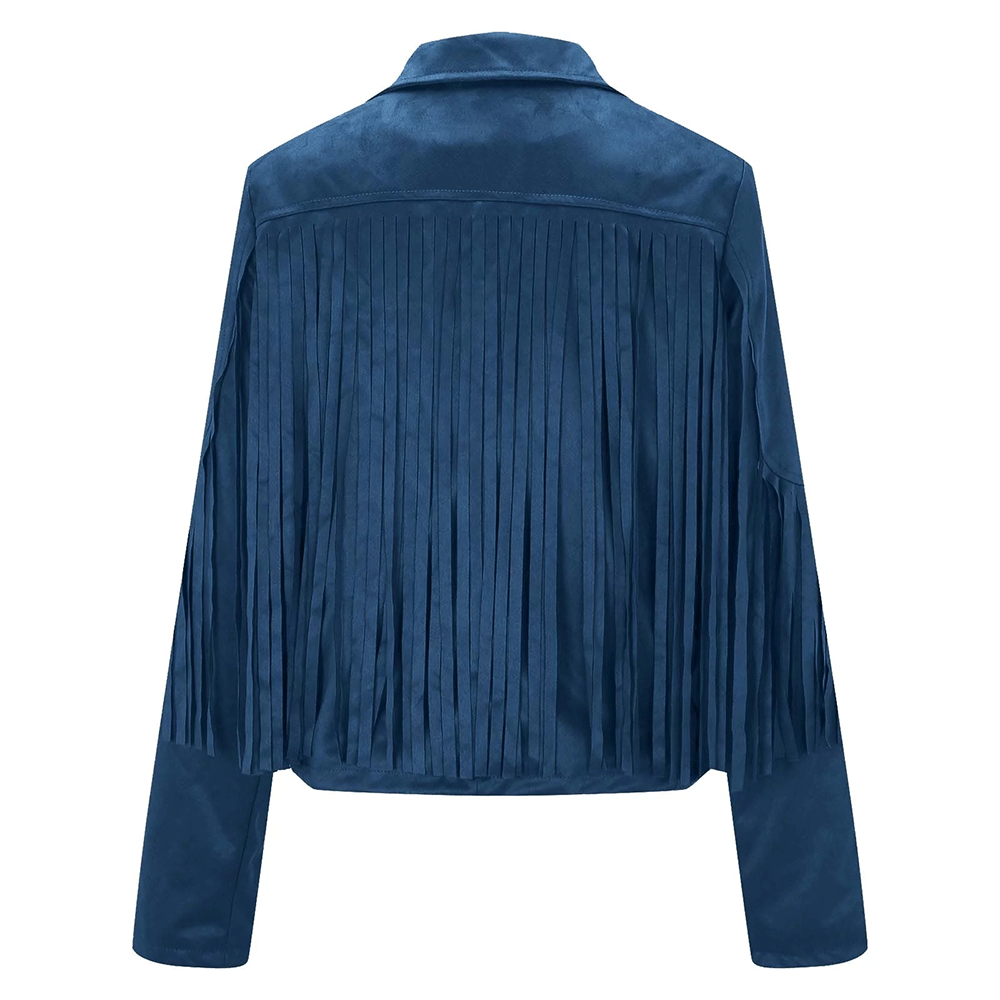 Blue Leather Long Fringe Jacket For Women WWJ570