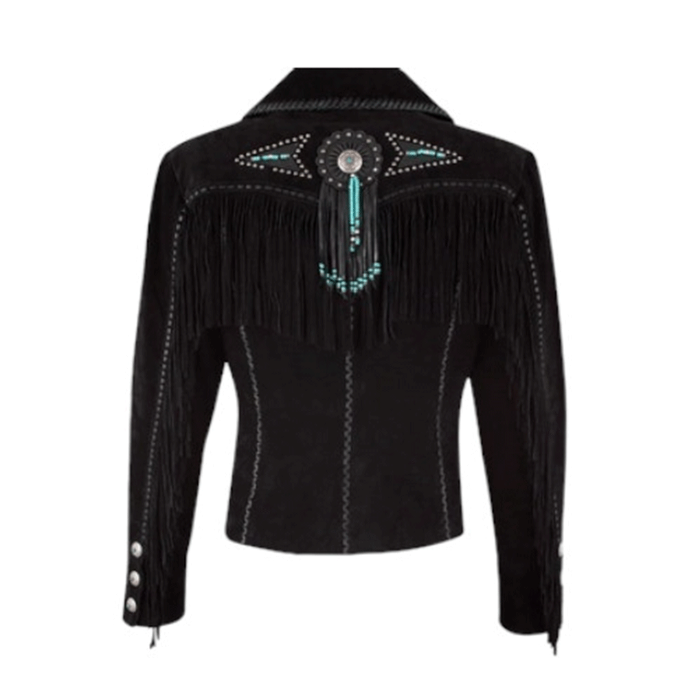 Black Suede Leather Fringe Beaded Jacket For Women WWJ550