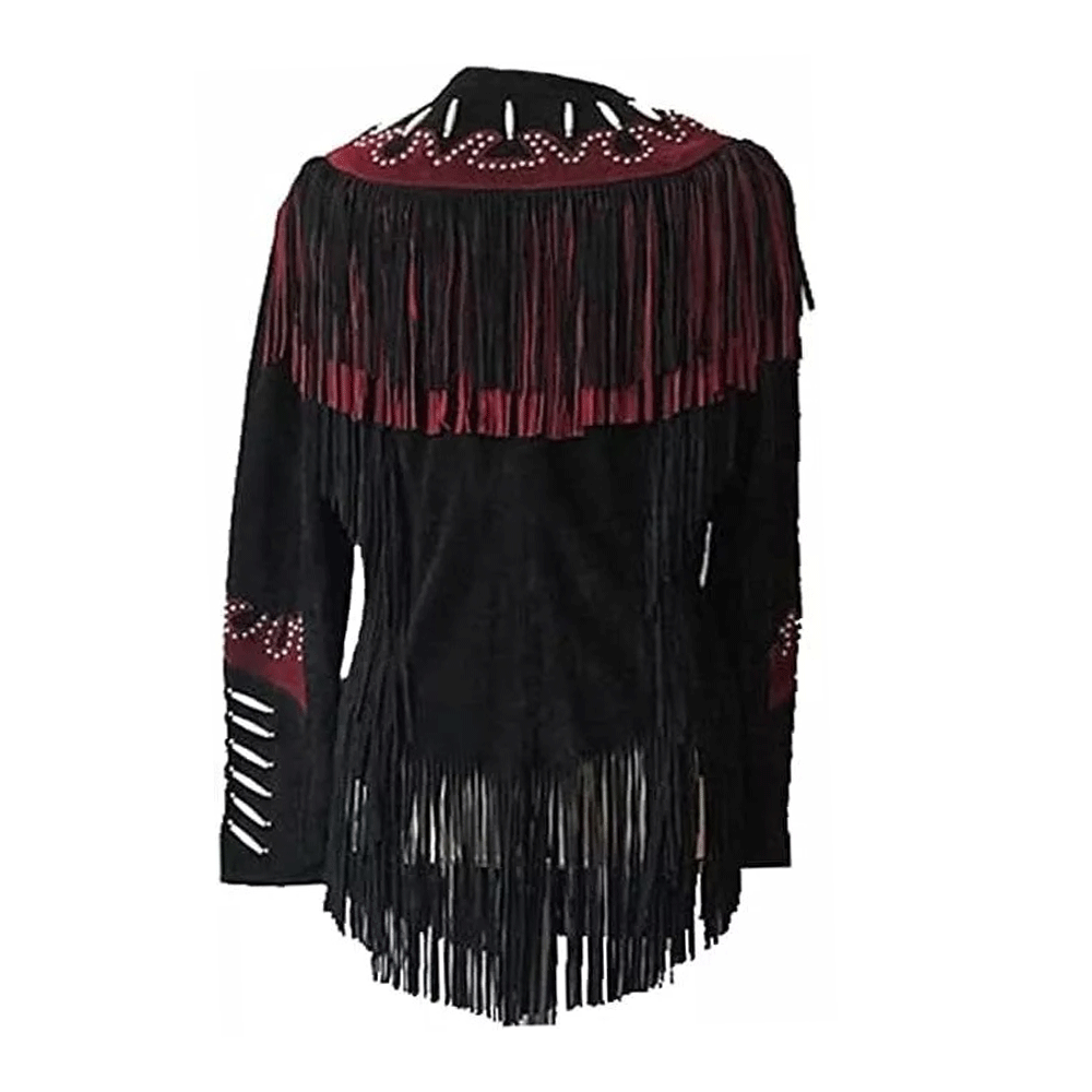 Black Suede Leather Fringe and Bone Work Jacket For Women WWJ569