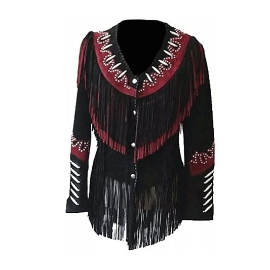 Black Suede Leather Fringe and Bone Work Jacket For Women WWJ569