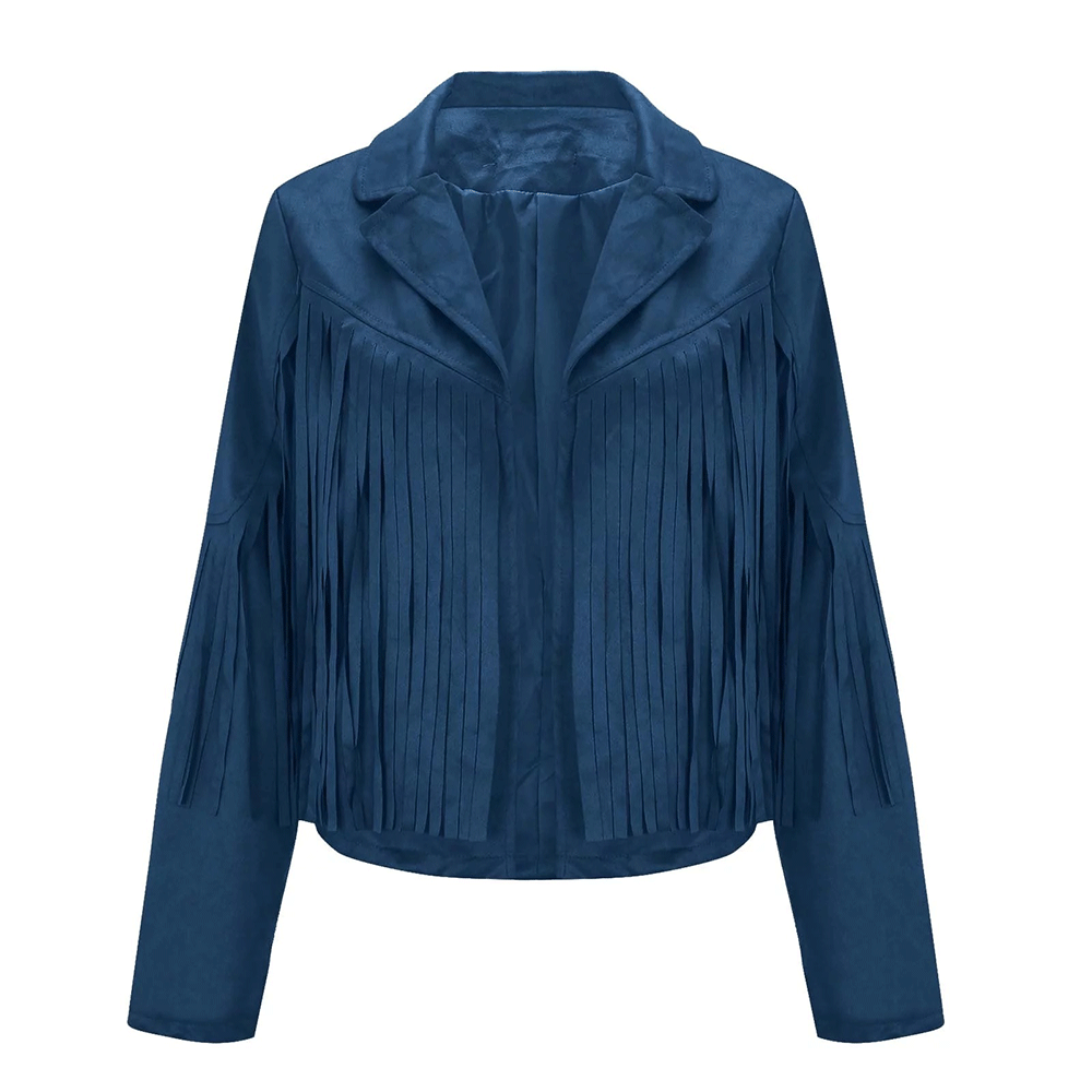 Blue Leather Long Fringe Jacket For Women WWJ570