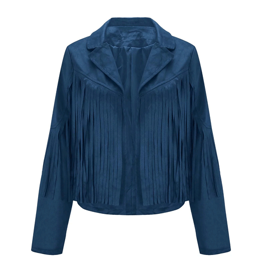 Blue Leather Long Fringe Jacket For Women WWJ570