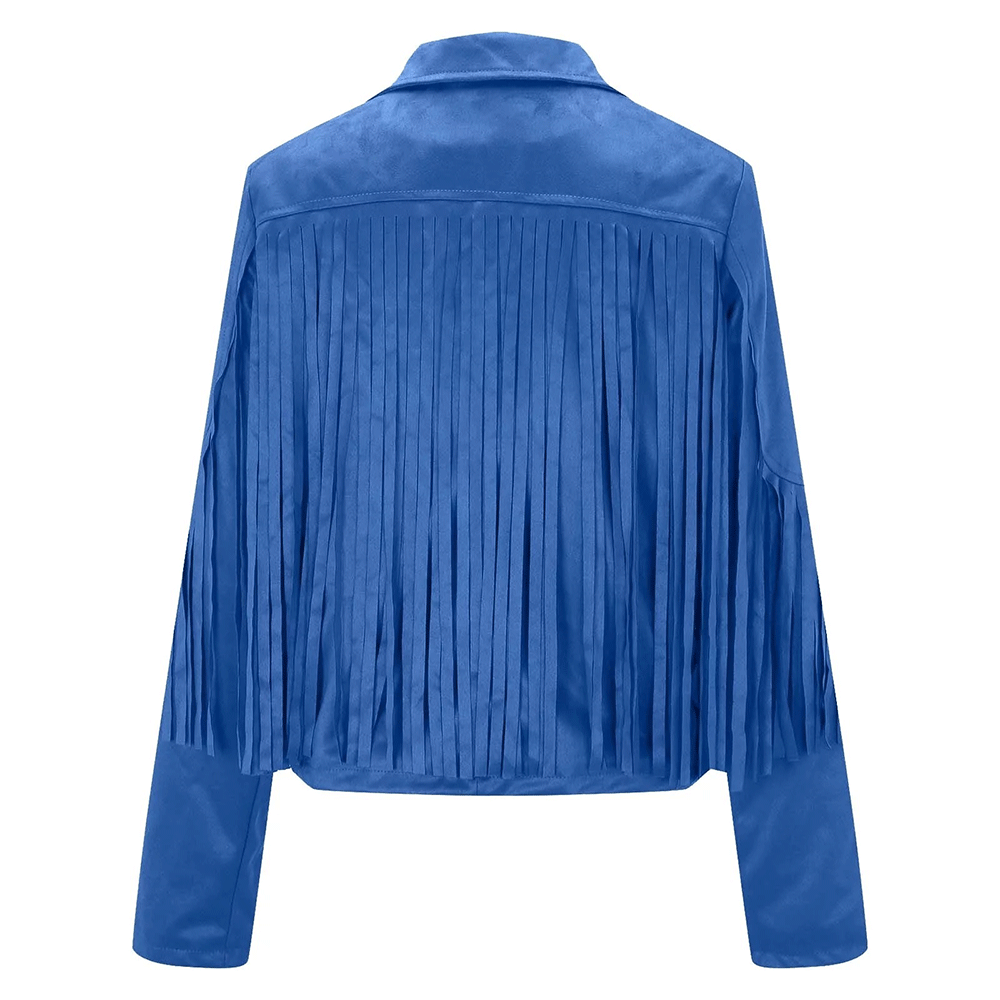 Blue Leather Long Fringe Jacket For Women WWJ573