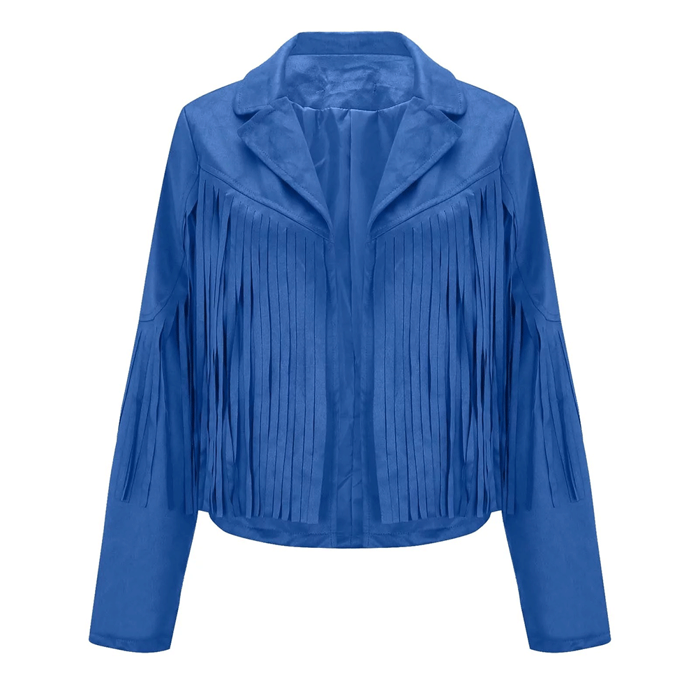 Blue Leather Long Fringe Jacket For Women WWJ573