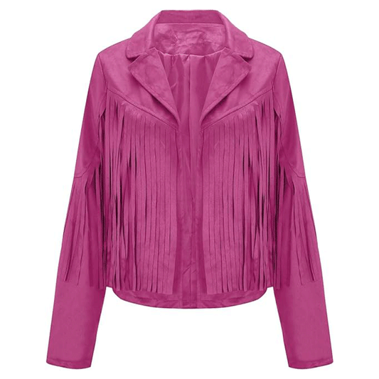 Pink Leather Long Fringe Jacket For Women WWJ571