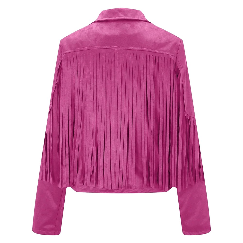 Pink Leather Long Fringe Jacket For Women WWJ571