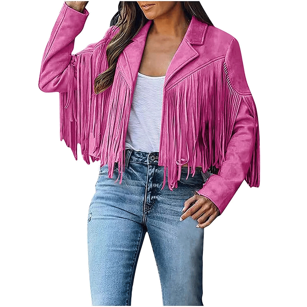 Pink Leather Long Fringe Jacket For Women WWJ571