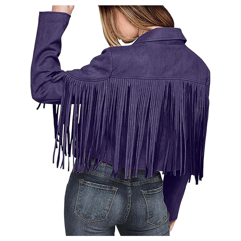 Purple Leather Long Fringe Jacket For Women WWJ572