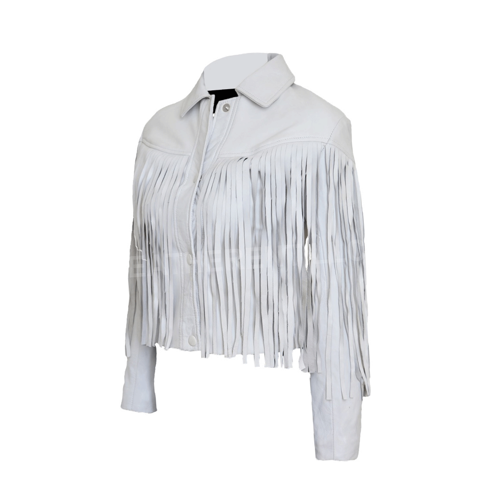 White Leather Long Fringes Biker Jacket For Women WWJ577