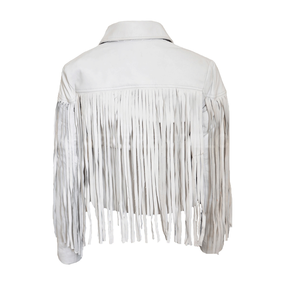 White Leather Long Fringes Biker Jacket For Women WWJ577