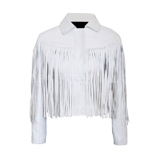 White Leather Long Fringes Biker Jacket For Women WWJ577