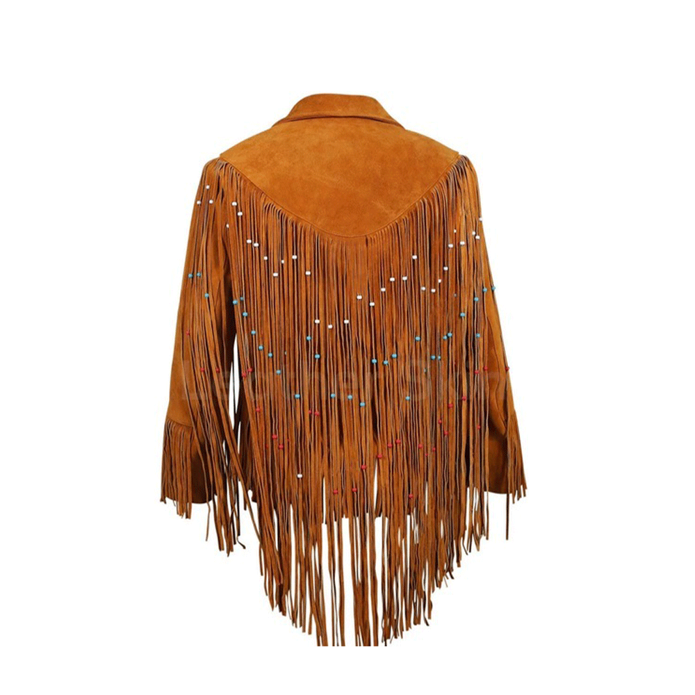 Brown Suede Leather Long Beaded Fringes Jacket For Women WWJ578