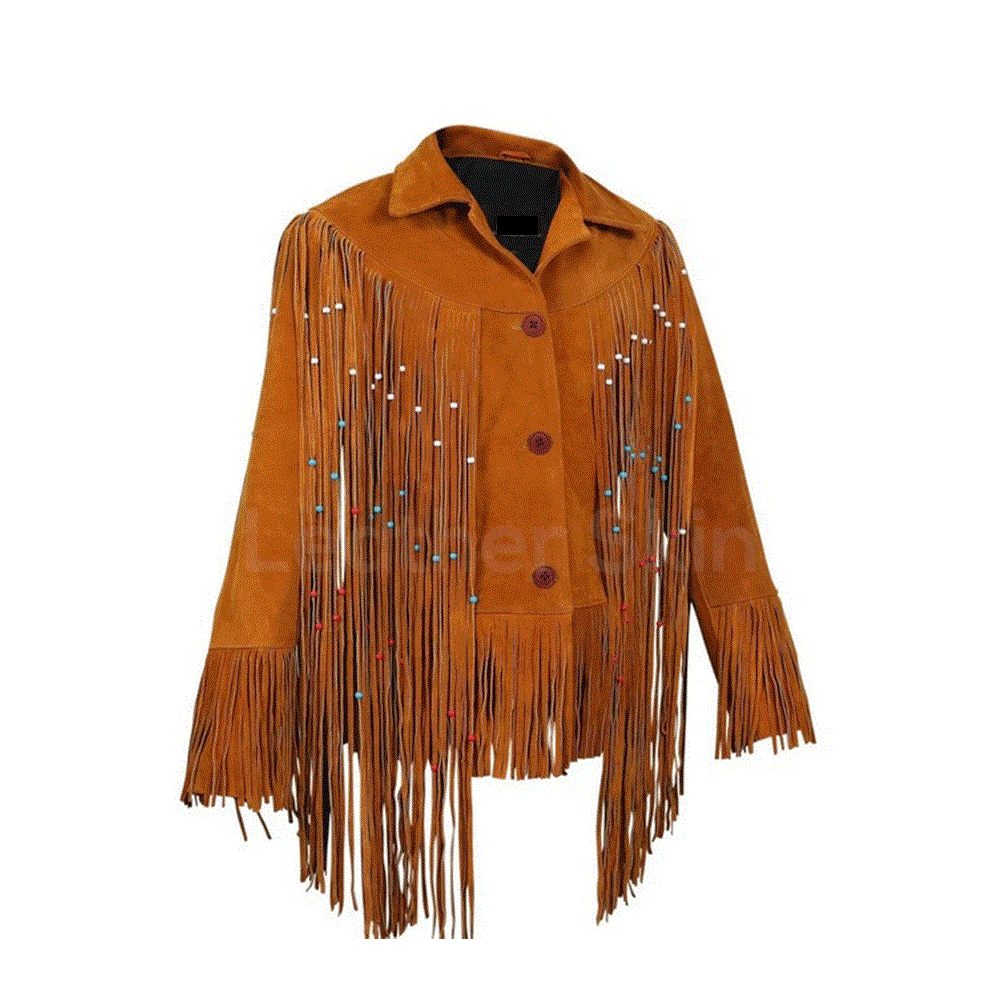 Brown Suede Leather Long Beaded Fringes Jacket For Women WWJ578