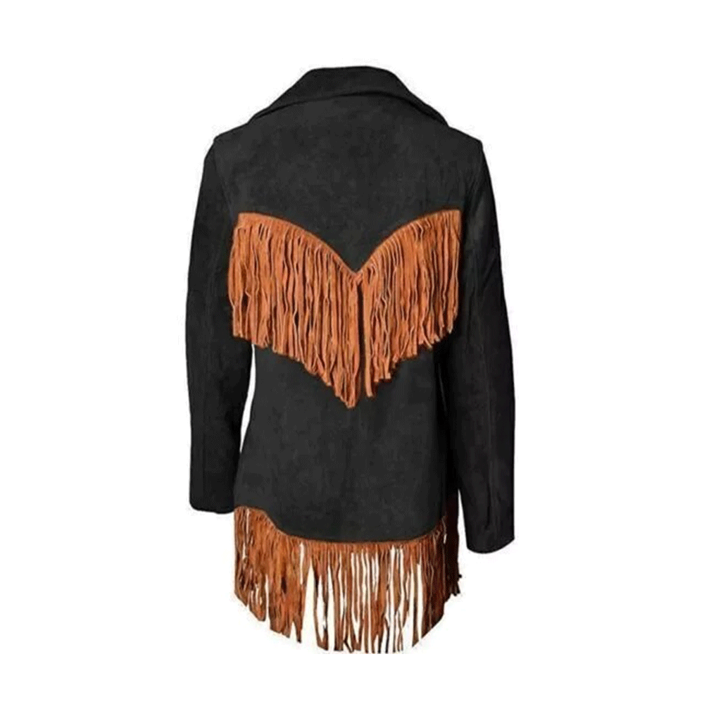 Black Suede Leather Fringes Jacket For Women WWJ561