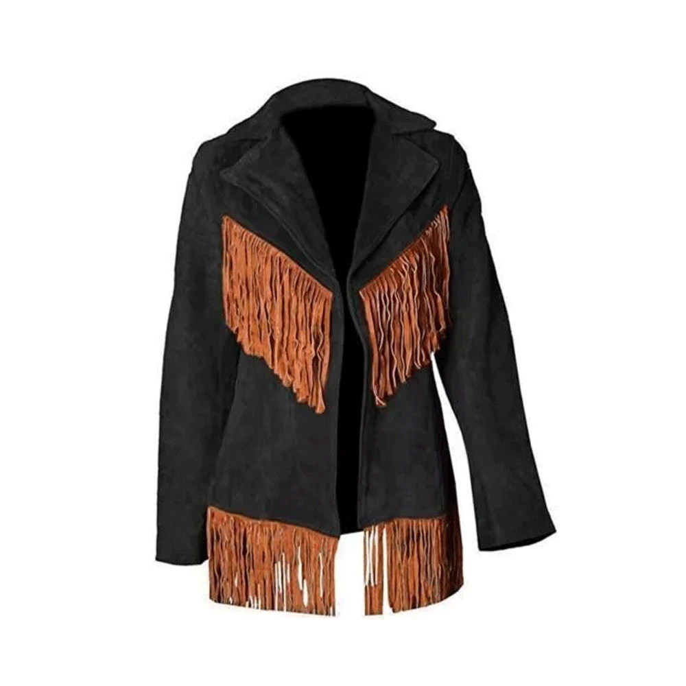 Black Suede Leather Fringes Jacket For Women WWJ561