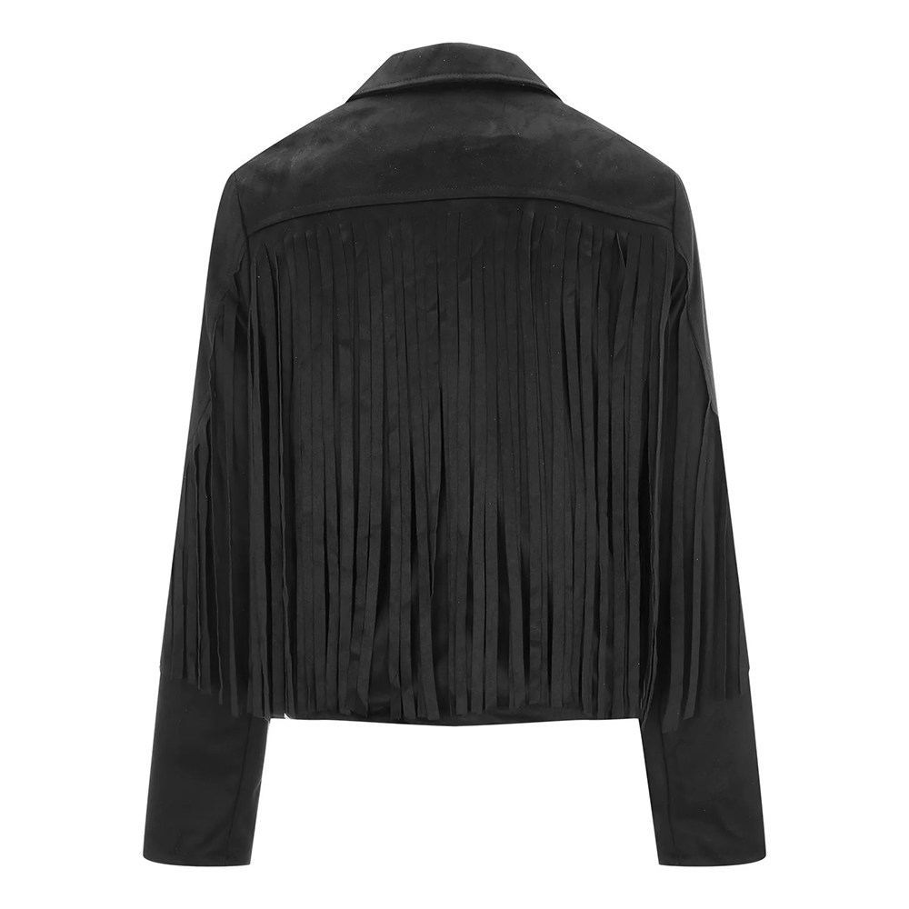 Black Leather Fringe Jacket For Women WWJ574