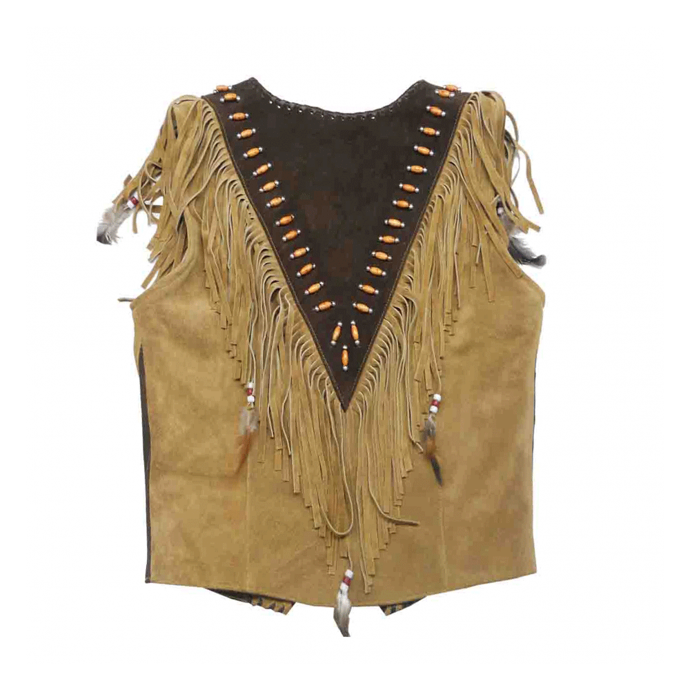 Men's Western Brown Suede Leather Fringe Bead and Bone work Vest MV504