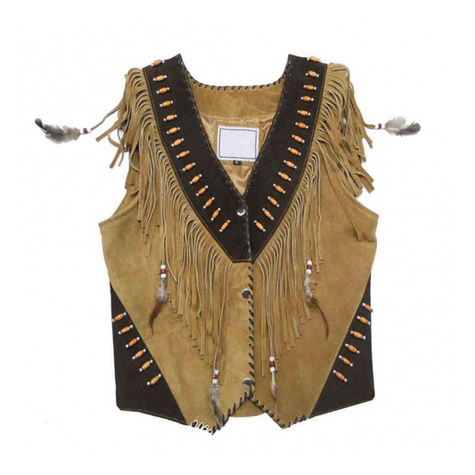 Men's Western Brown Suede Leather Fringe Bead and Bone work Vest MV504