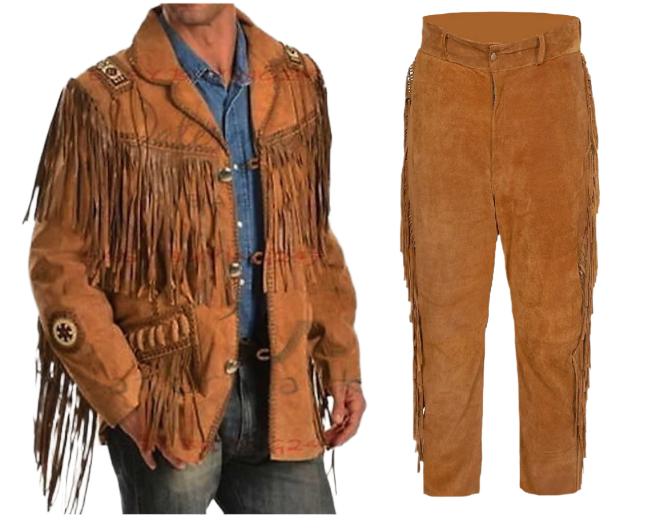 Western Brown Suede Leather Fringe Suits Beaded Jacket & Pant Western Outfit WJP121