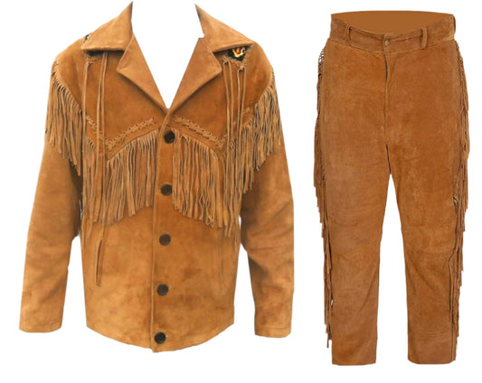 Western Brown Suede Leather Fringe Suits Jacket & Pant WJP115