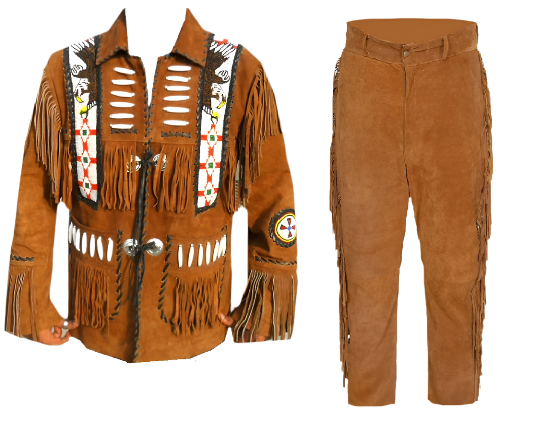 Western Brown Suede Leather Fringe Suits Eagle Beaded Jacket & Pant WJP119