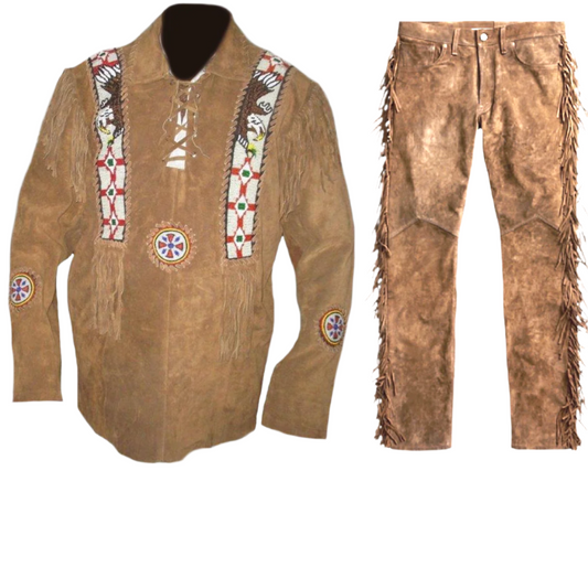 Western Brown Suede Leather Fringe Shirt & Pant Western Outfit For Men WJP125