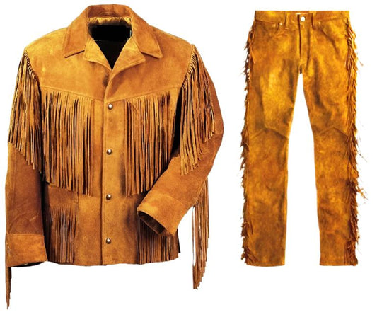 Western Brown Suede Leather Fringe Suits Jacket & Pant Western Outfit WJP123