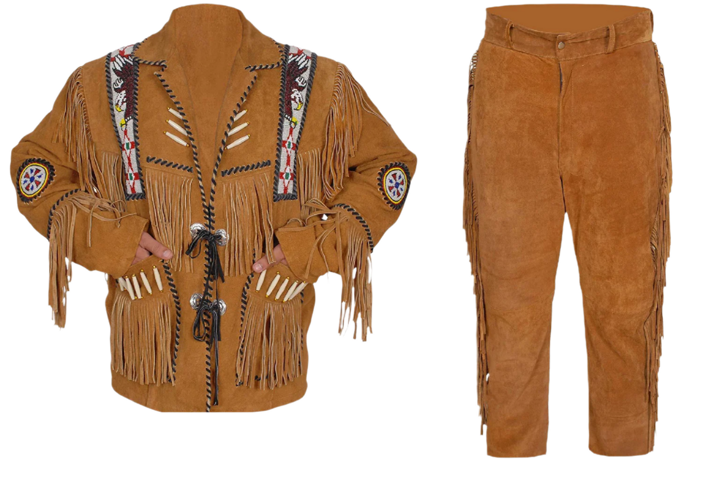 Western Brown Suede Leather Fringe Suits Eagle Beaded Jacket & Pant WJP116