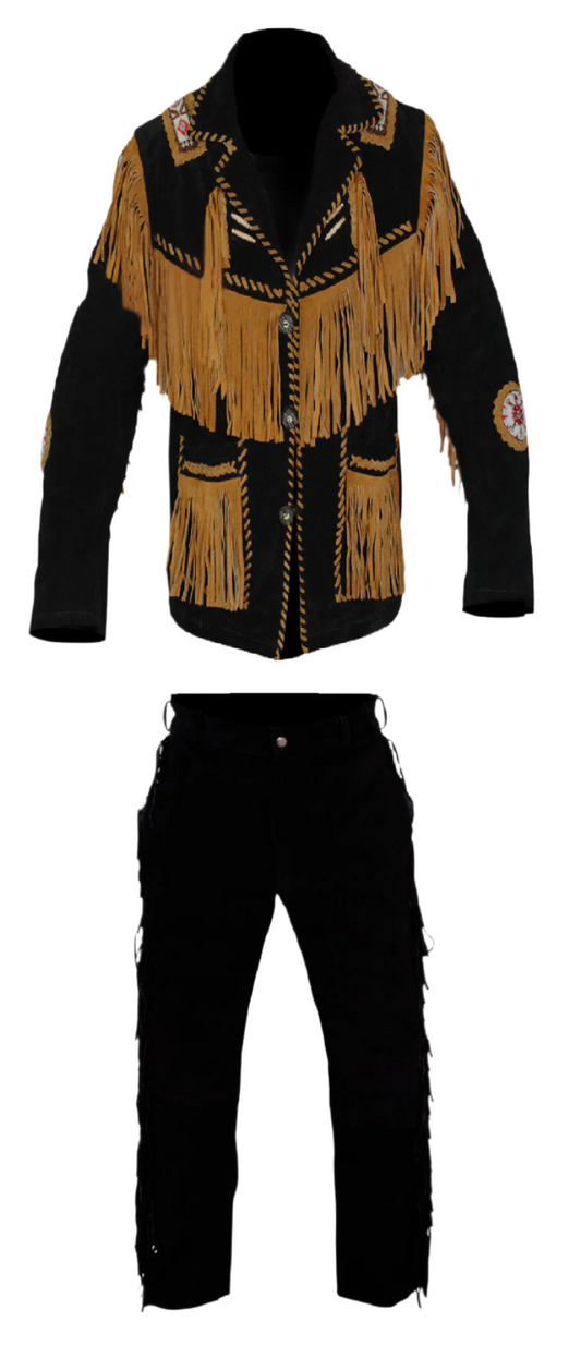 Western Black Suede Leather Fringe Jacket & Pant Western Outfit For Men WJP128
