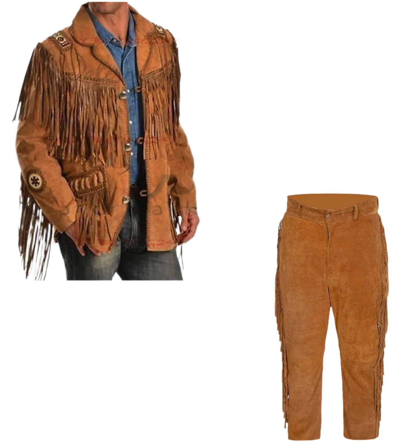 Western Brown Suede Leather Fringe Suits Beaded Jacket & Pant Western Outfit WJP121