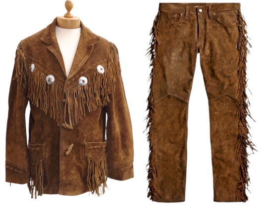 Western Brown Suede Leather Fringe Suits Jacket & Pant WJP117