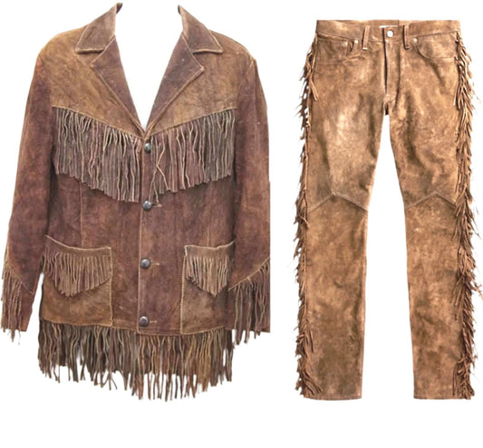 Western Brown Suede Leather Fringe Suits Jacket & Pant WJP118