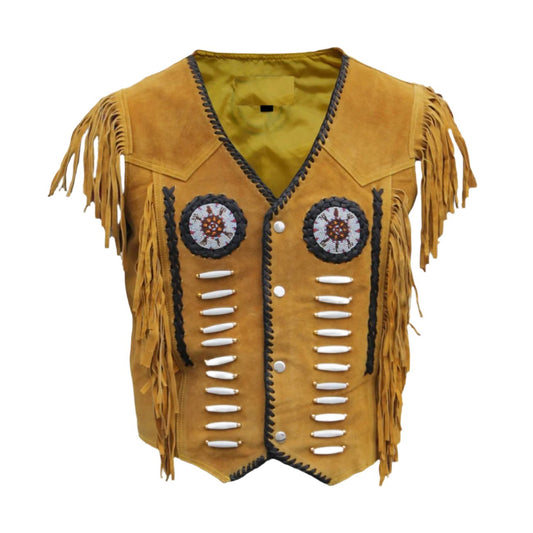 Cowgirl's Golden Brown Suede Leather Fringe Beaded Vest CGV463