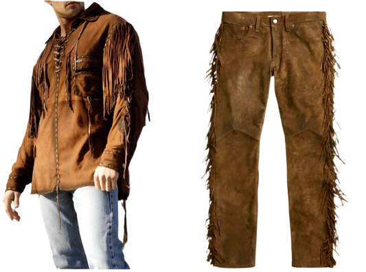 Western Brown Suede Leather Fringe Suits Shirt & Pant WJP101