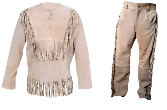 Western Beige Suede Leather Fringe Shirt & Pant Western Outfit For Men WSP124